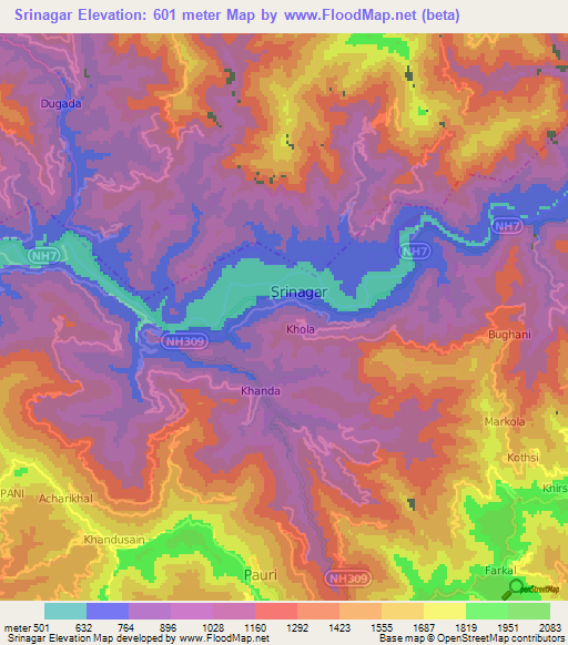 Srinagar,India Elevation Map