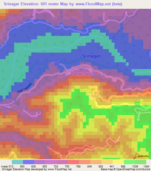 Srinagar,India Elevation Map
