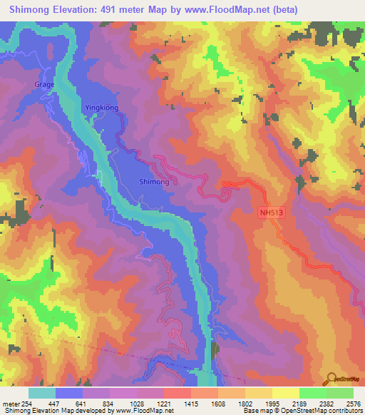 Shimong,India Elevation Map