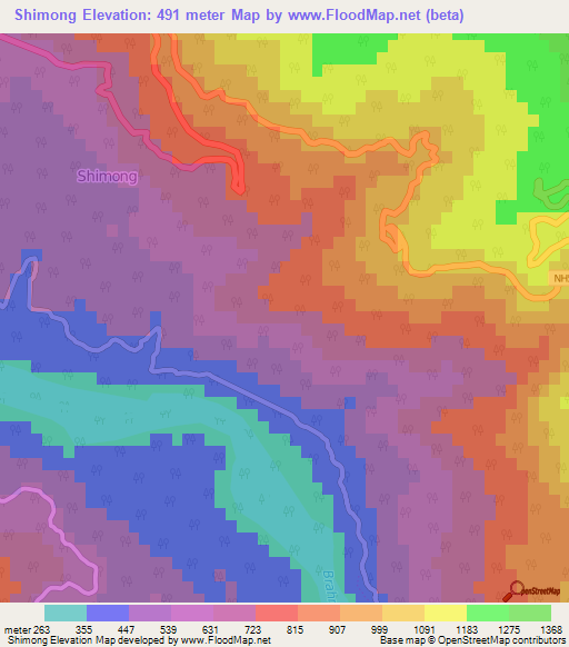 Shimong,India Elevation Map