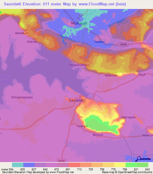 Saundatti,India Elevation Map