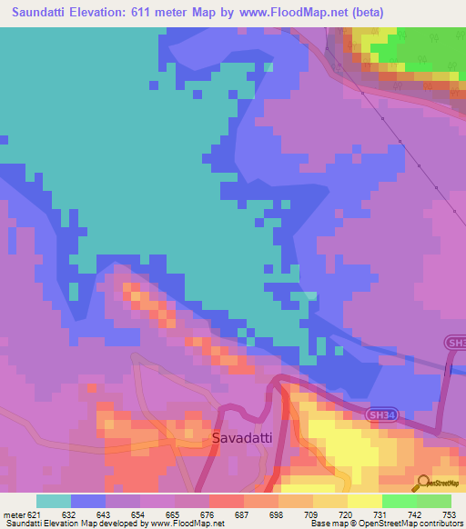 Saundatti,India Elevation Map