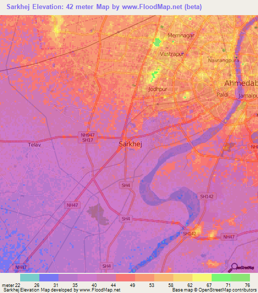 Sarkhej,India Elevation Map