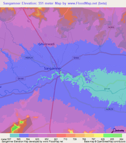 Sangamner,India Elevation Map