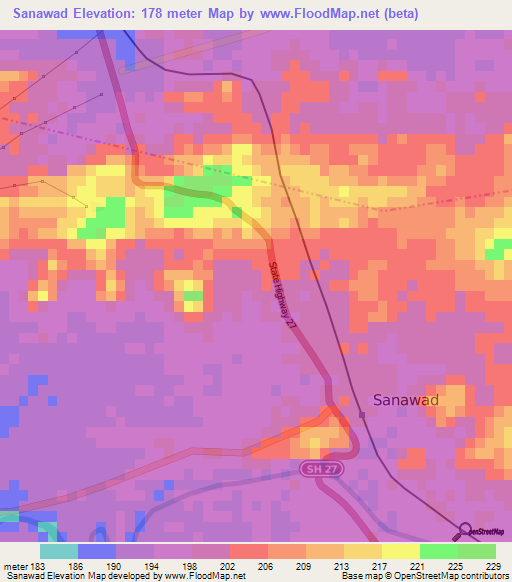 Sanawad,India Elevation Map