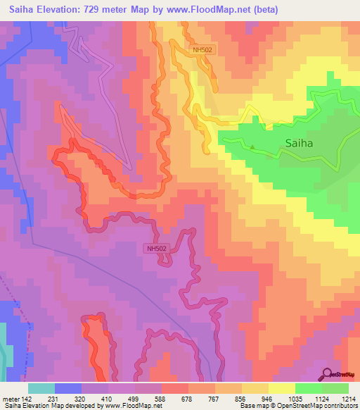 Saiha,India Elevation Map