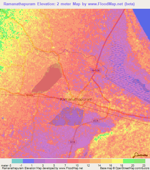 Ramanathapuram,India Elevation Map