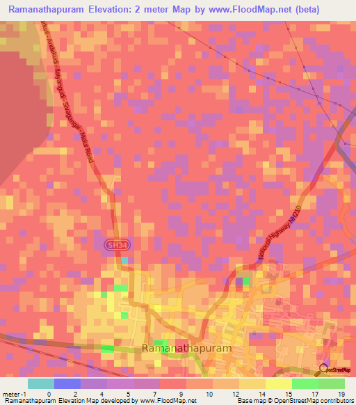 Ramanathapuram,India Elevation Map