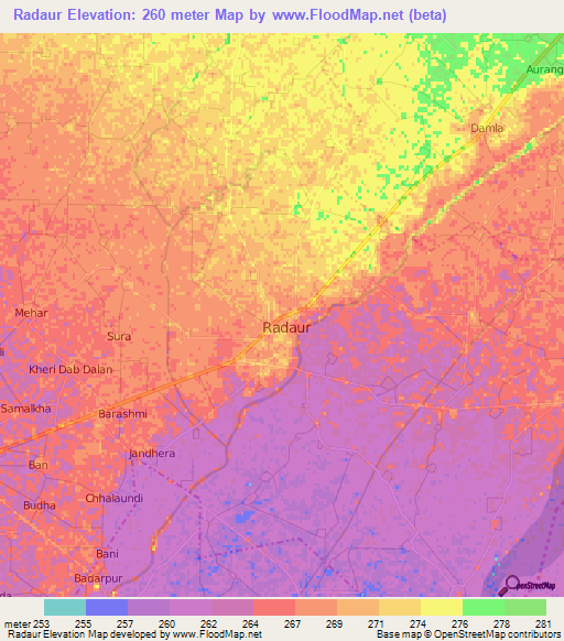 Radaur,India Elevation Map