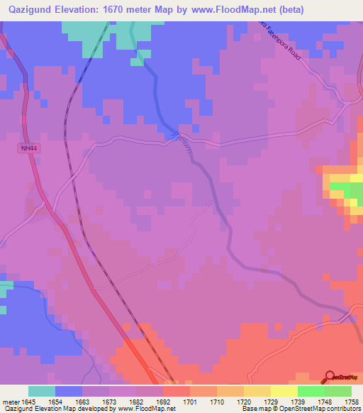 Qazigund,India Elevation Map