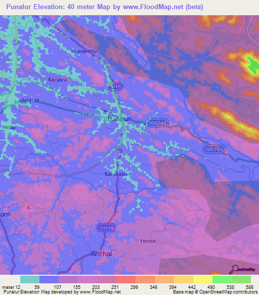 Punalur,India Elevation Map