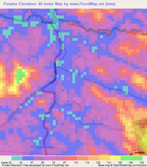 Punalur,India Elevation Map