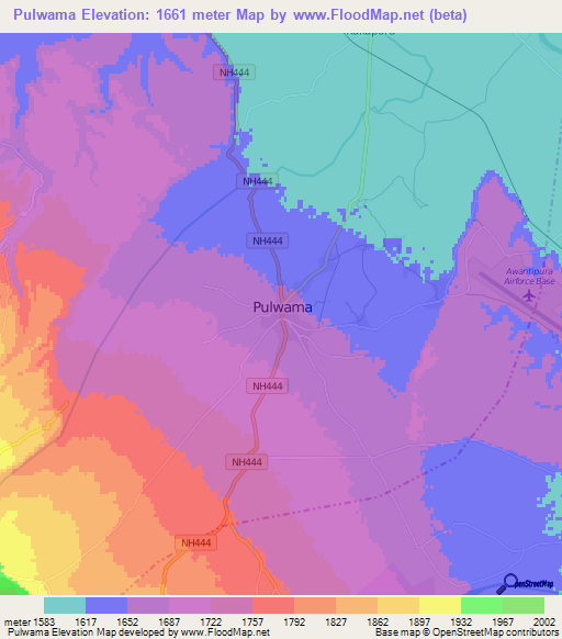 Pulwama,India Elevation Map