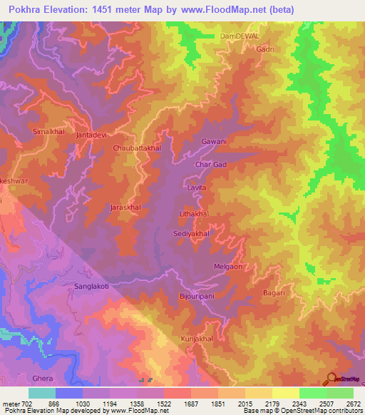 Pokhra,India Elevation Map