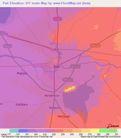 Pali,India Elevation Map