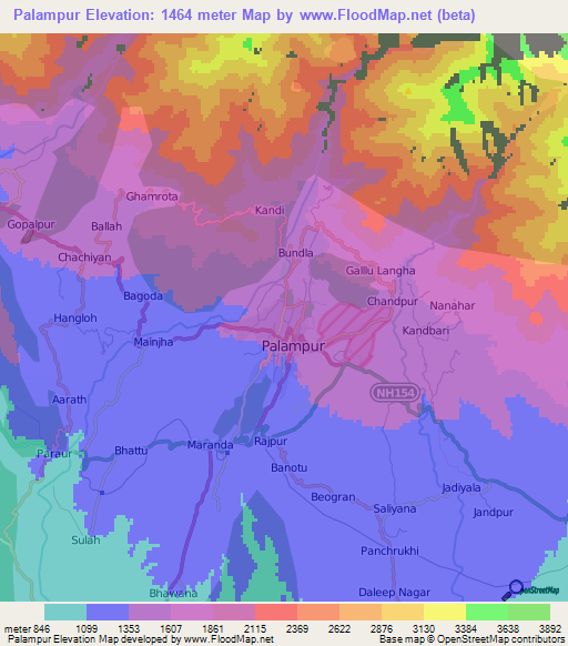 Palampur,India Elevation Map