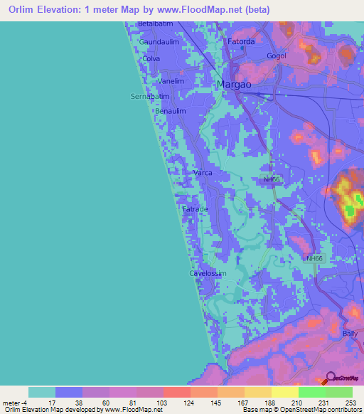 Orlim,India Elevation Map