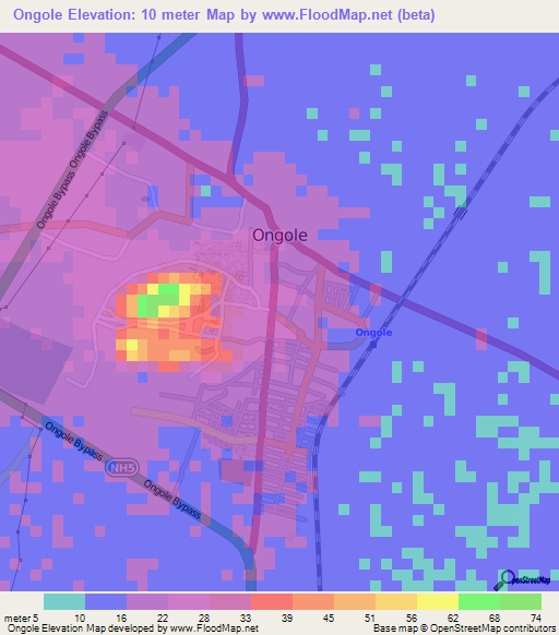 Ongole,India Elevation Map