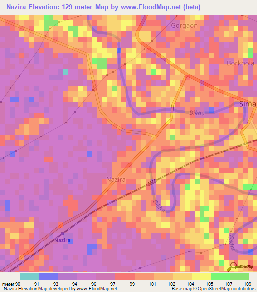 Nazira,India Elevation Map