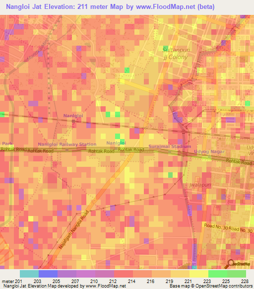 Nangloi Jat,India Elevation Map