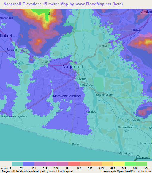 Nagercoil,India Elevation Map
