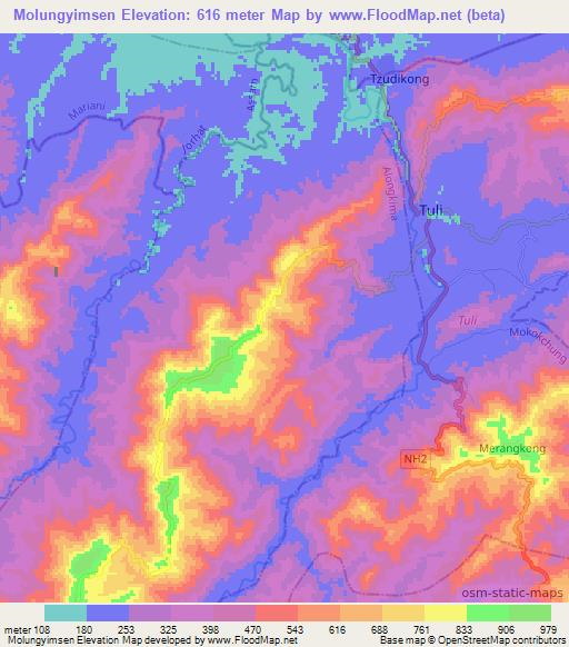 Molungyimsen,India Elevation Map