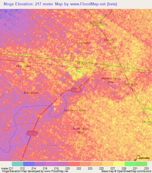 Moga,India Elevation Map