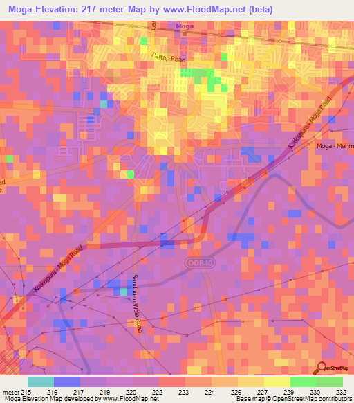 Moga,India Elevation Map