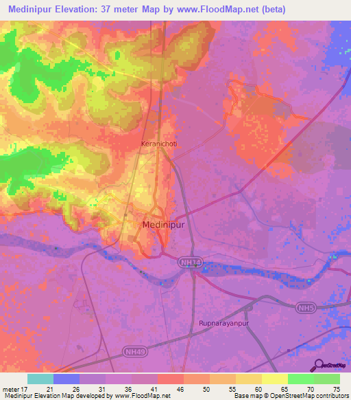 Medinipur,India Elevation Map
