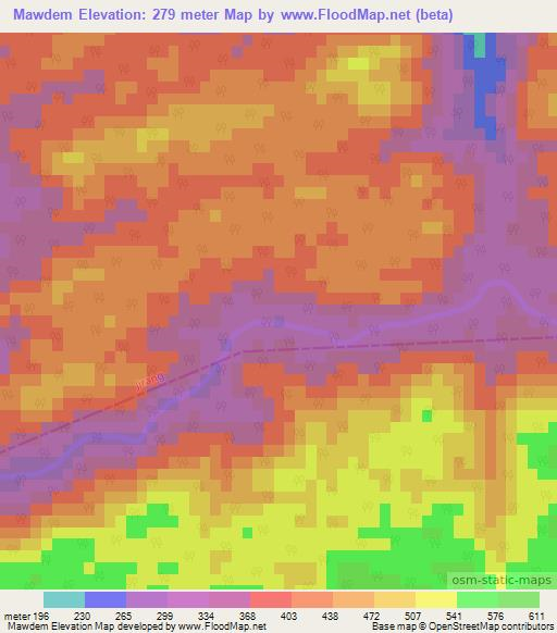 Mawdem,India Elevation Map