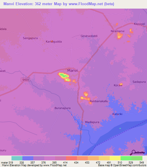 Manvi,India Elevation Map