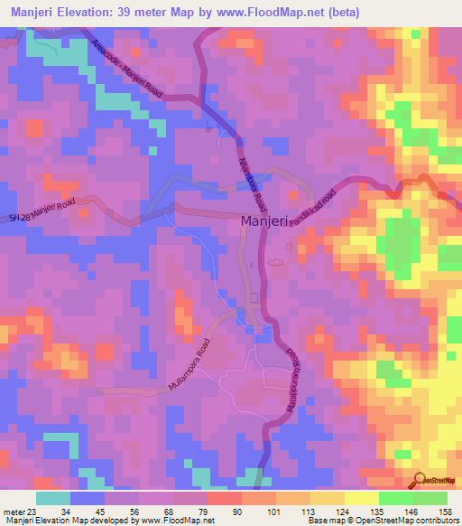 Manjeri,India Elevation Map