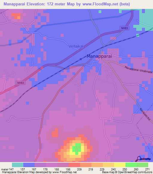 Manapparai,India Elevation Map