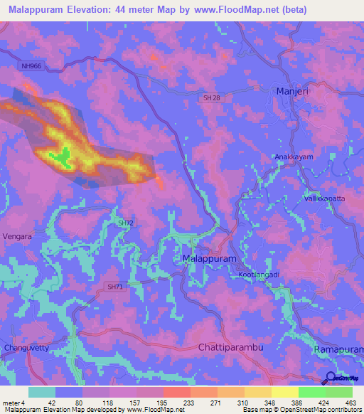 Malappuram,India Elevation Map