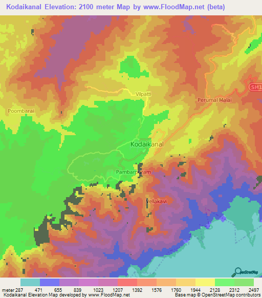 Kodaikanal,India Elevation Map
