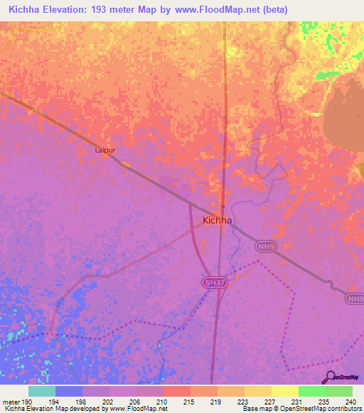 Kichha,India Elevation Map
