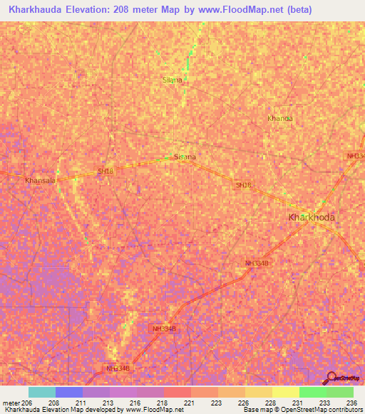 Kharkhauda,India Elevation Map