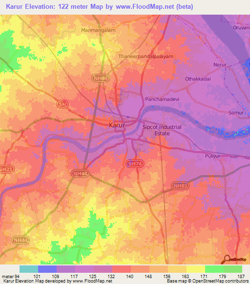 Karur,India Elevation Map