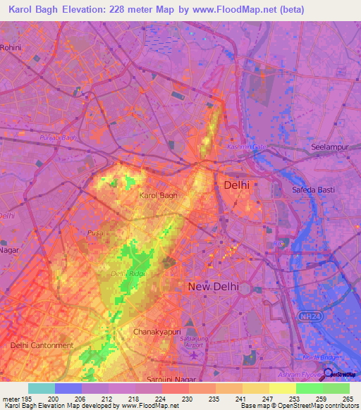Karol Bagh,India Elevation Map