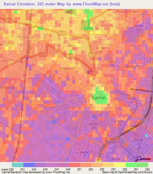 Karnal,India Elevation Map