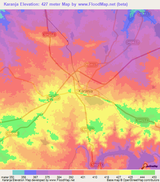 Karanja,India Elevation Map