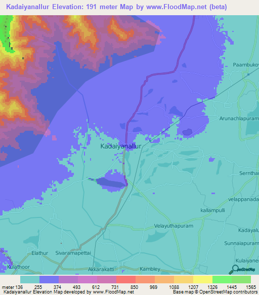 Kadaiyanallur,India Elevation Map