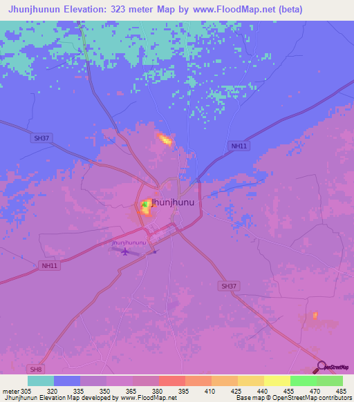 Jhunjhunun,India Elevation Map