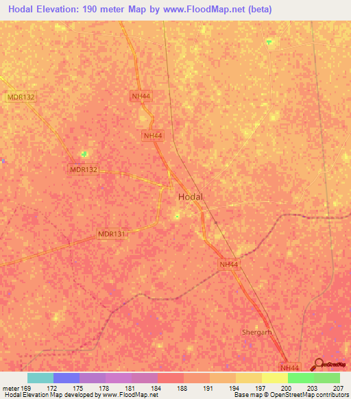 Hodal,India Elevation Map