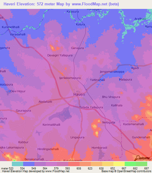 Haveri,India Elevation Map