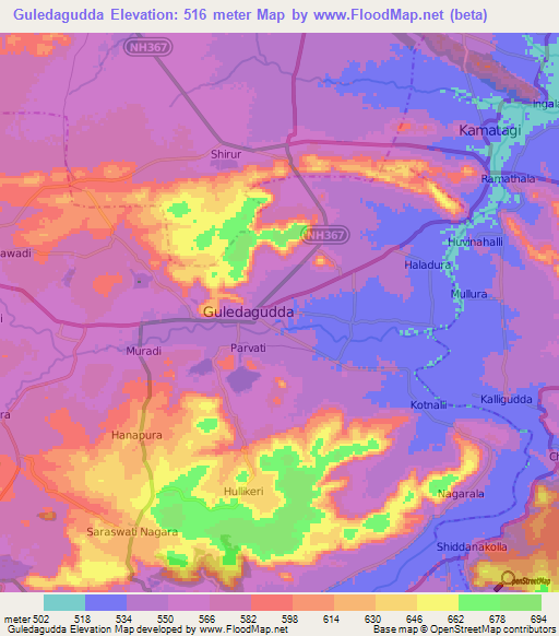 Guledagudda,India Elevation Map