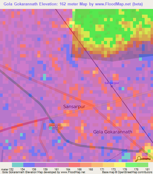 Gola Gokarannath,India Elevation Map