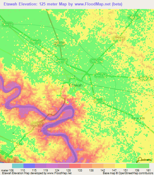 Etawah,India Elevation Map
