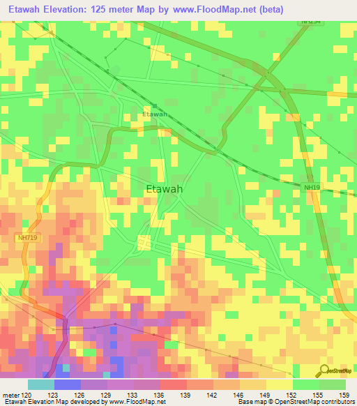 Etawah,India Elevation Map