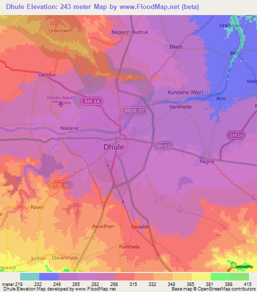 Dhule,India Elevation Map